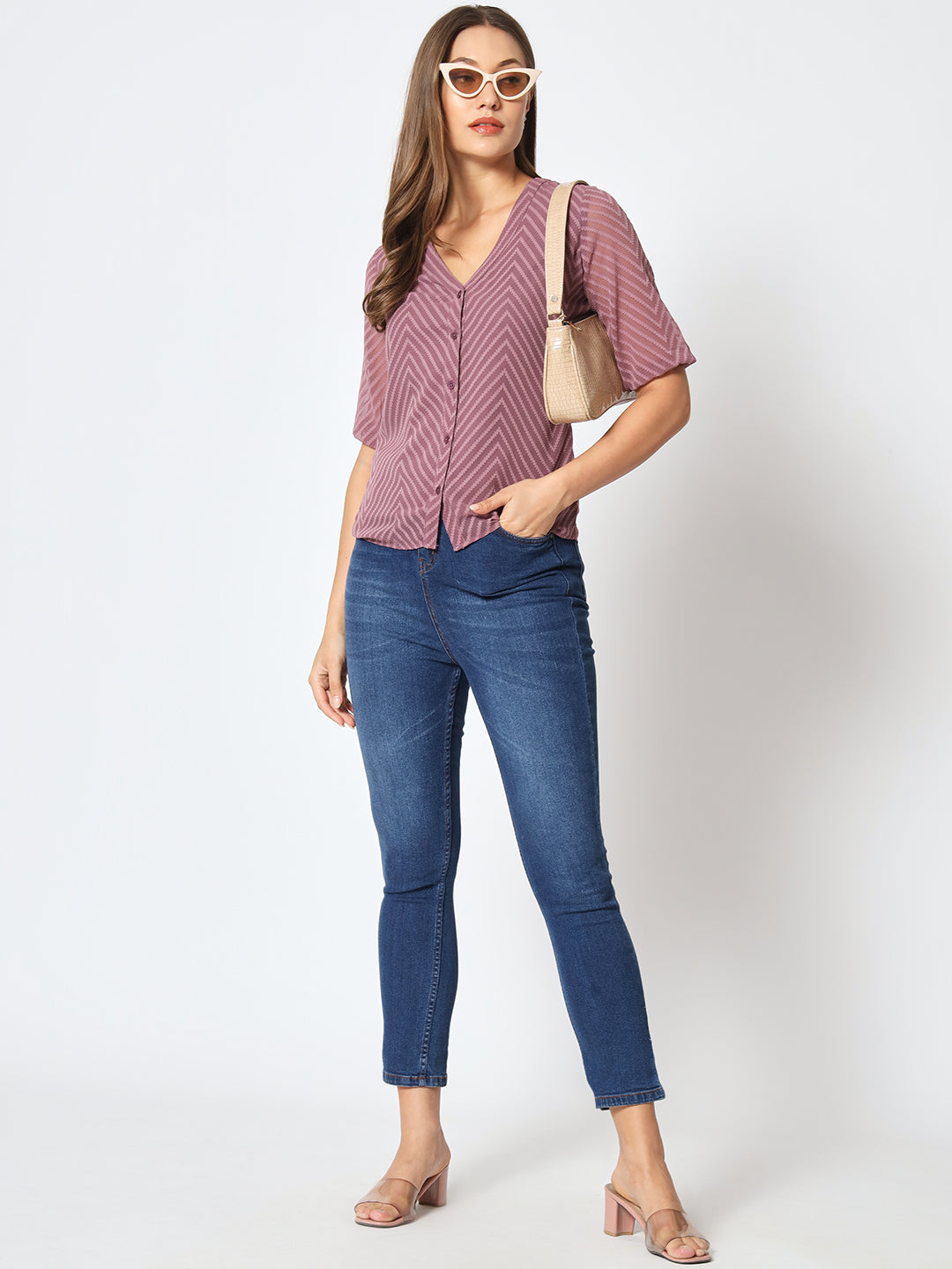 Zig-Zag Pattern V-Neck Top