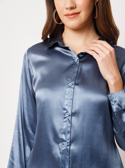 Spread Collar Satin Party Shirt