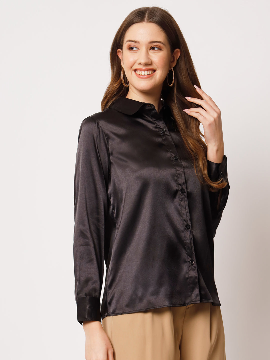 Spread Collar Long Sleeves Satin Classic Shirt