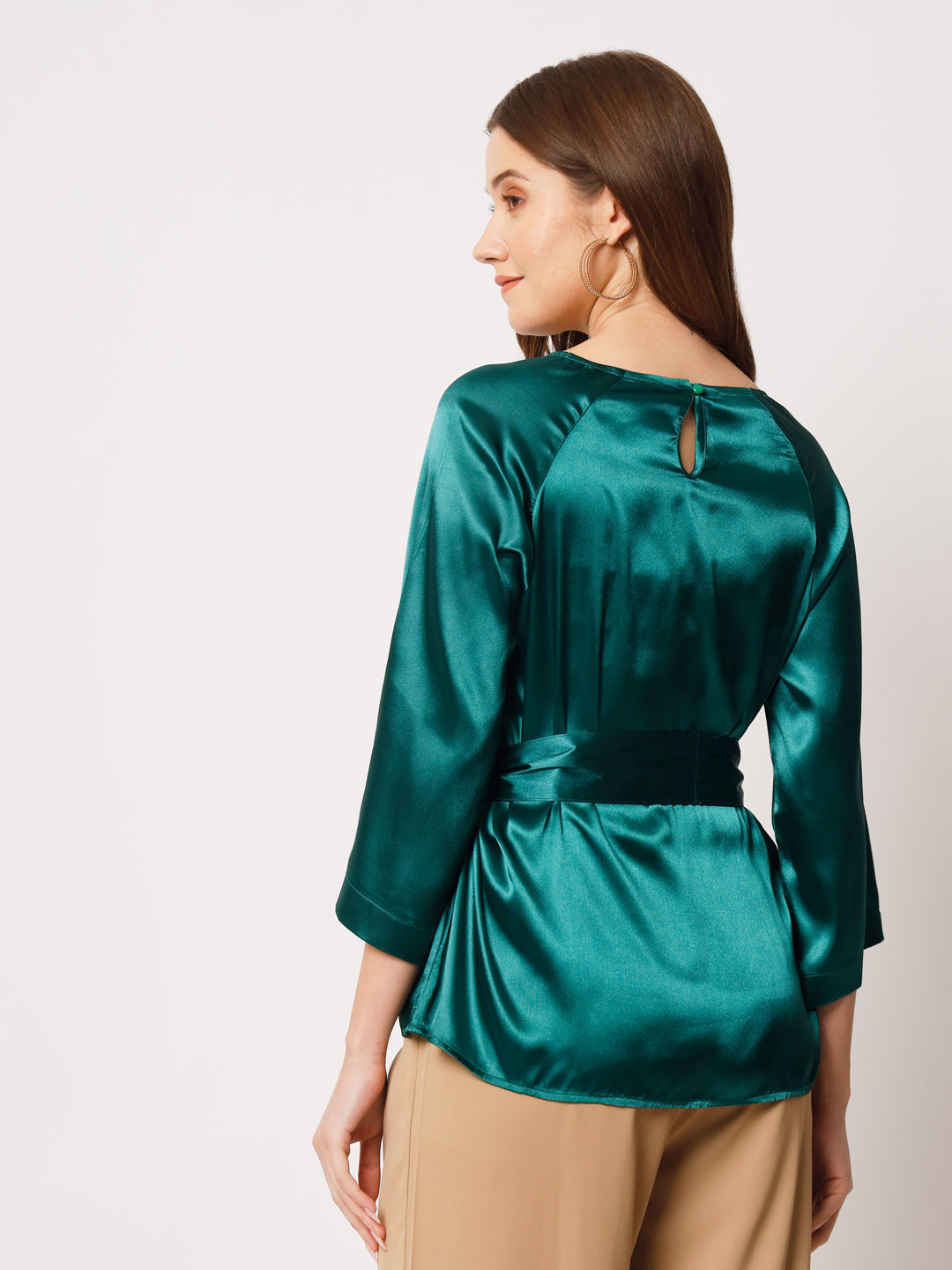 Raglan Sleeves Satin Top With Waist Tie-Up