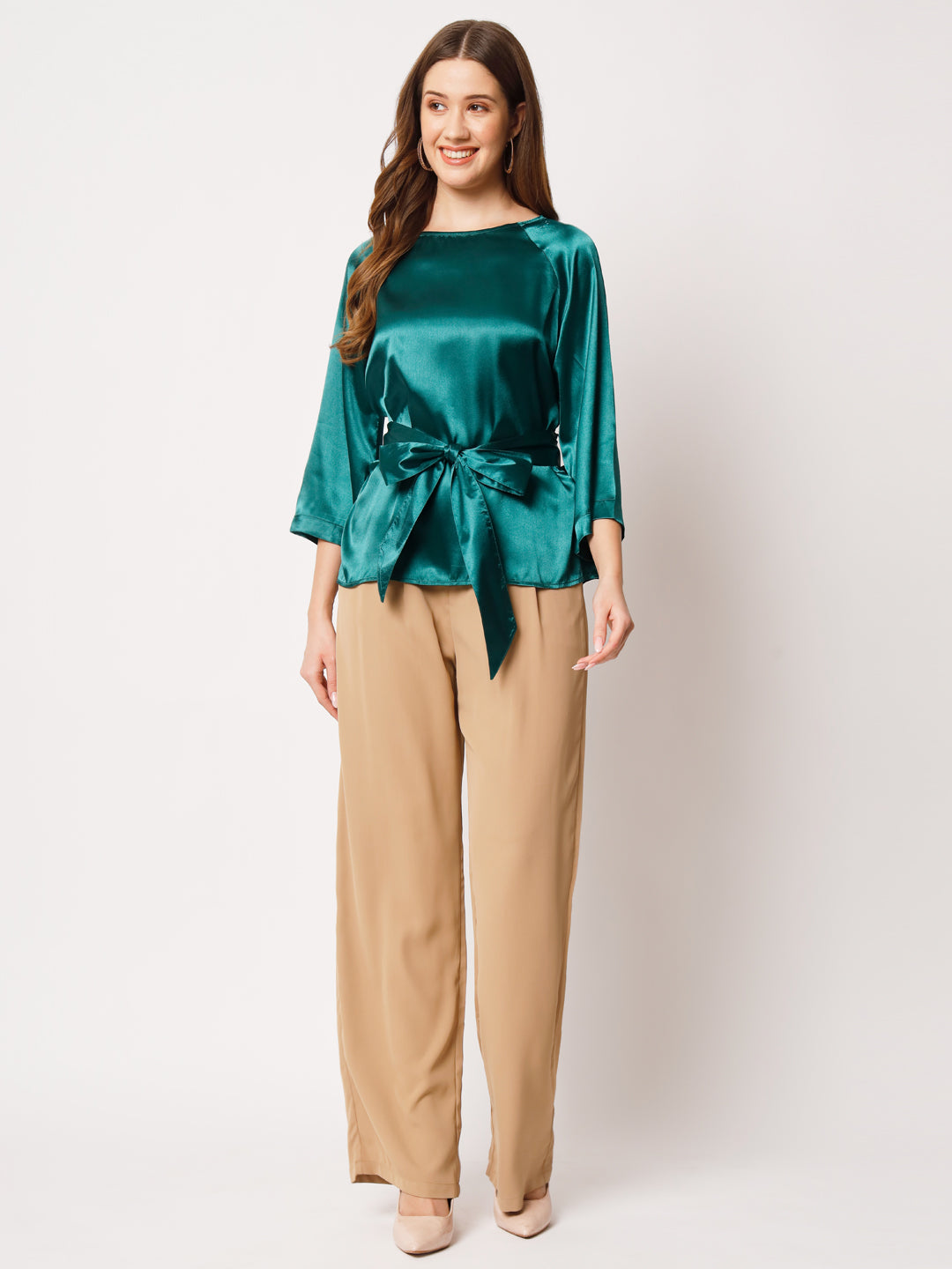 Raglan Sleeves Satin Top With Waist Tie-Up