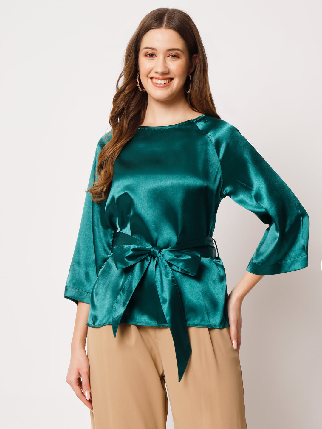 Raglan Sleeves Satin Top With Waist Tie-Up