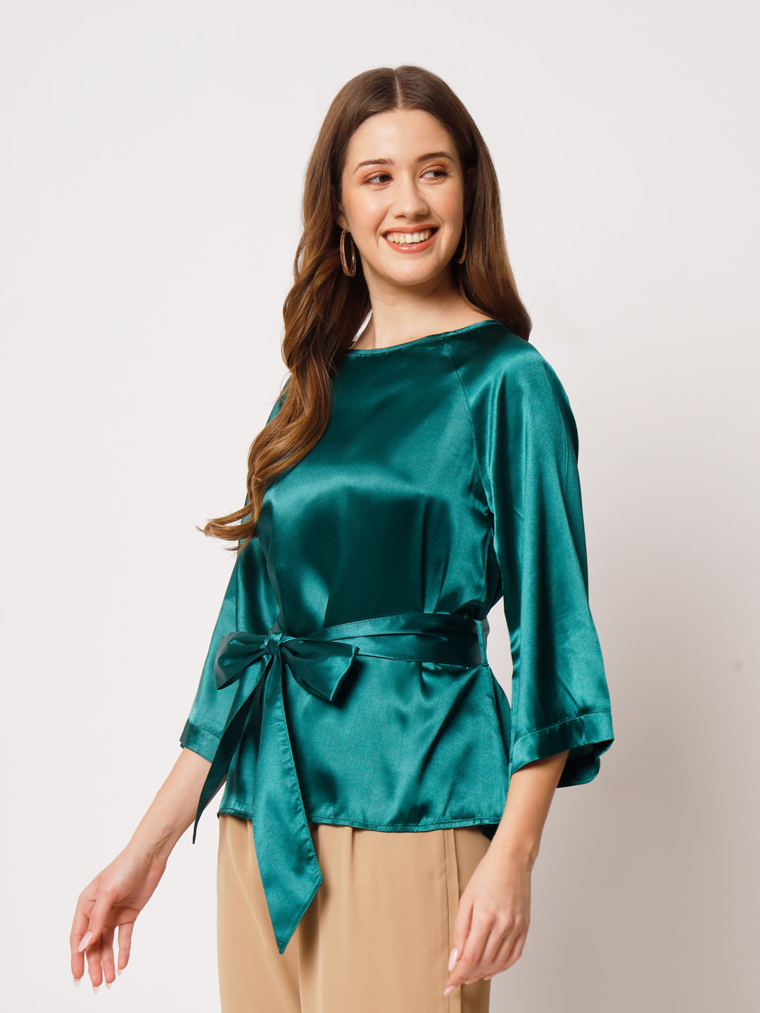 Raglan Sleeves Satin Top With Waist Tie-Up