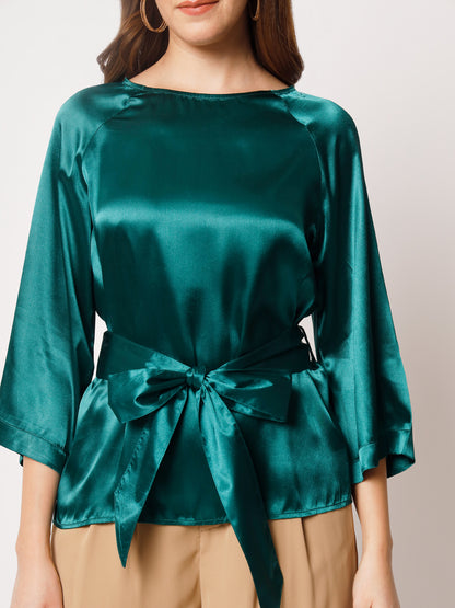 Raglan Sleeves Satin Top With Waist Tie-Up