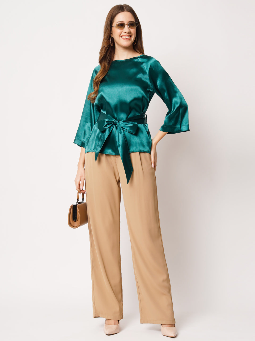 Raglan Sleeves Satin Top With Waist Tie-Up