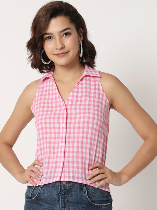 Women Checked Sleeveless Shirt Style Top