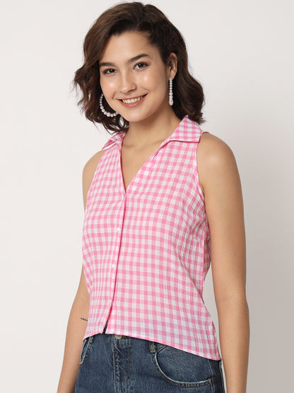 Women Checked Sleeveless Shirt Style Top