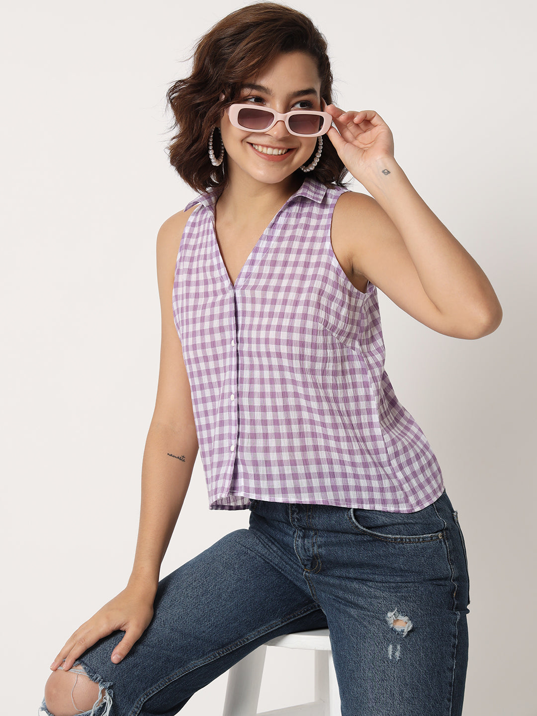 Women Checked Sleeveless Shirt Style Top