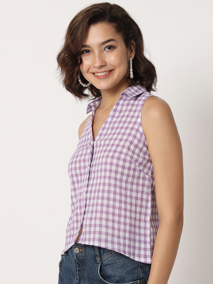 Women Checked Sleeveless Shirt Style Top