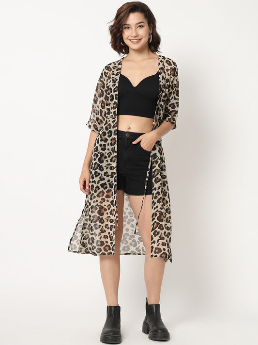 Women Animal Printed Longline Georgette Tie-Up Shrug