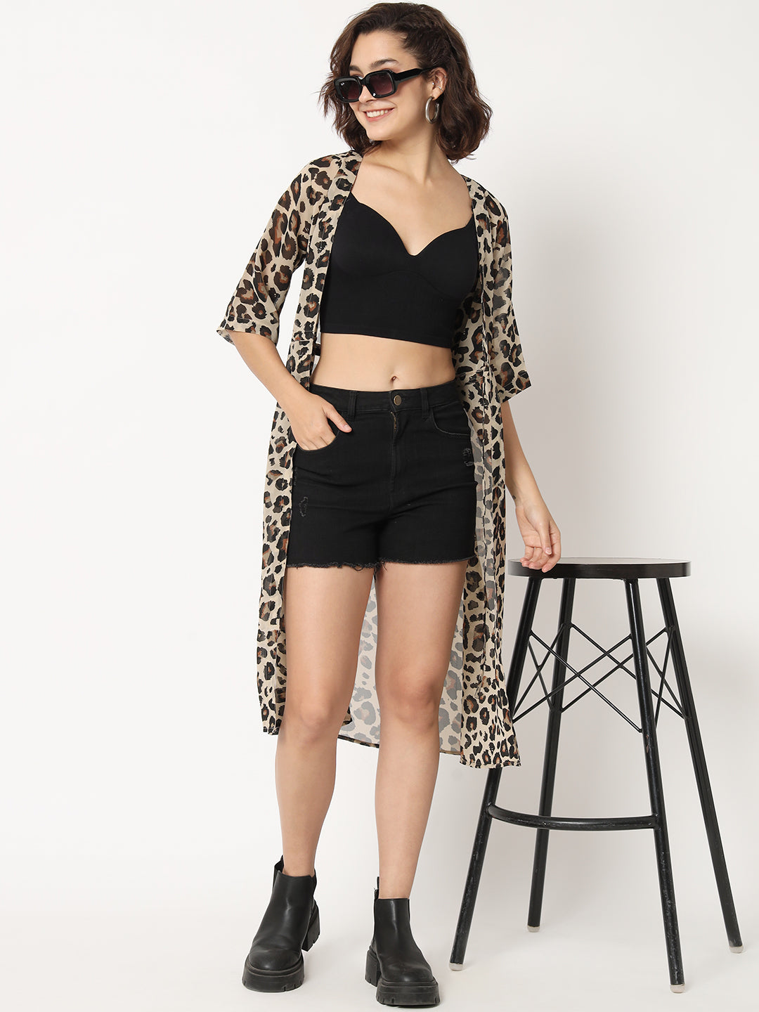 Women Animal Printed Longline Georgette Tie-Up Shrug