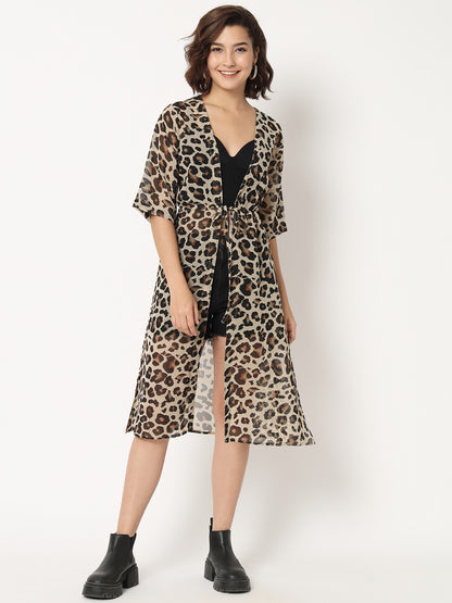 Women Animal Printed Longline Georgette Tie-Up Shrug