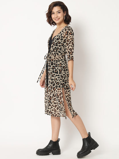 Women Animal Printed Longline Georgette Tie-Up Shrug