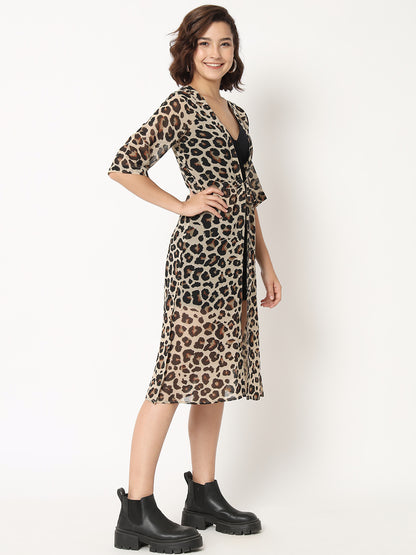 Women Animal Printed Longline Georgette Tie-Up Shrug