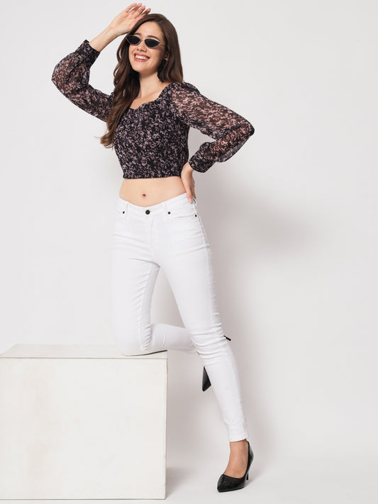 Floral Print Chiffon Blouson Crop Top