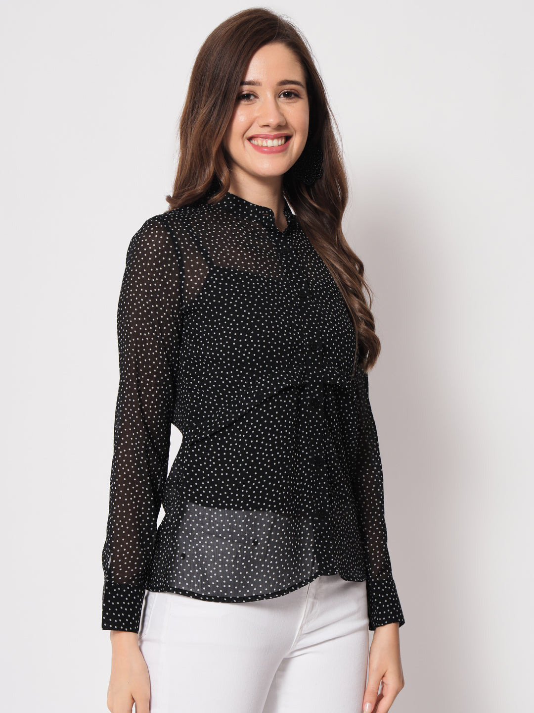 Women Classic Slim Fit Polka Dot Black Casual Shirt