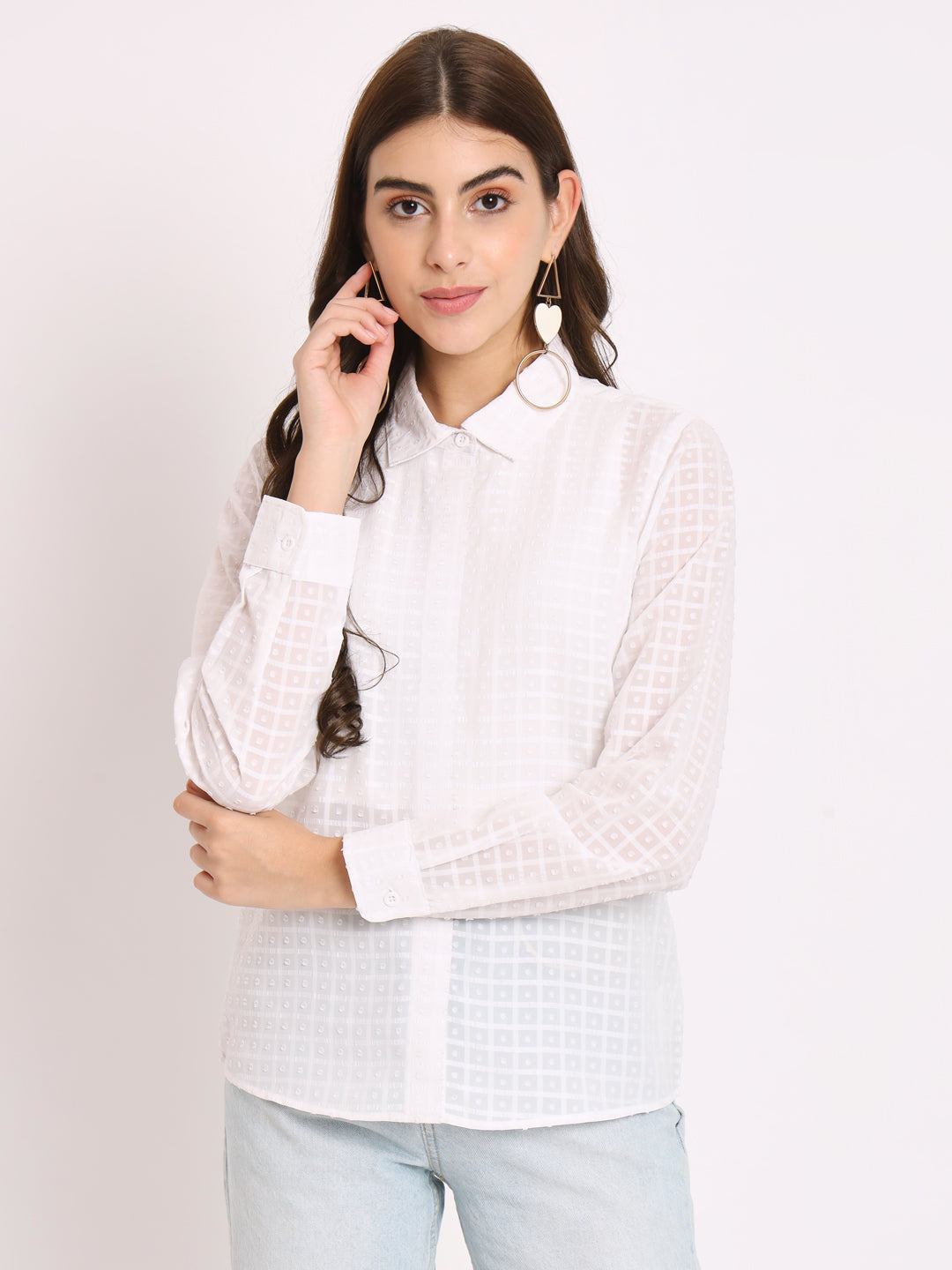 Classic Textured Self Design Spread Collar Casual Shirt