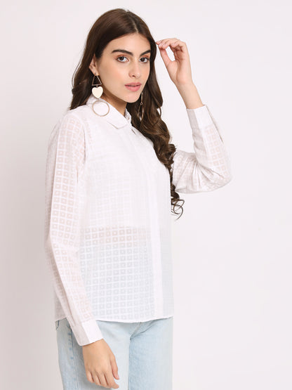 Classic Textured Self Design Spread Collar Casual Shirt