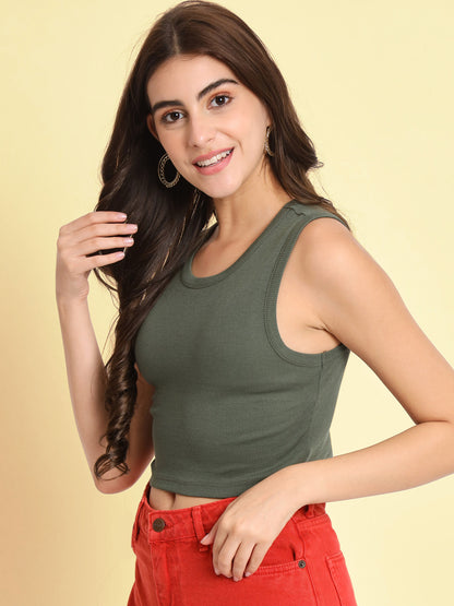 Women's Sleeveless Fitted Olive Top