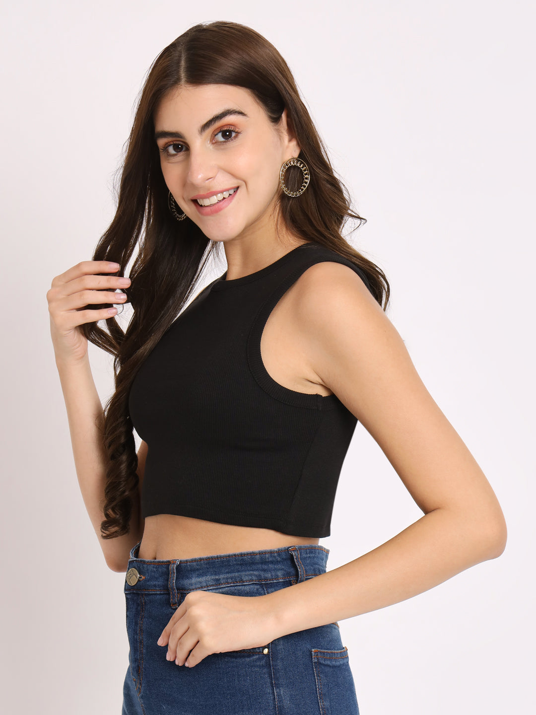 Women's Sleeveless Fitted Black Crop Top