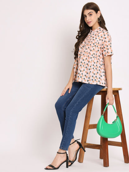 Conversational Printed Mandarin Collar Pleated Shirt Style Top