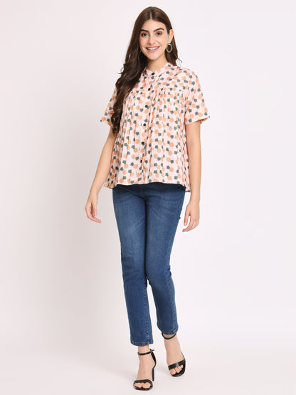 Conversational Printed Mandarin Collar Pleated Shirt Style Top