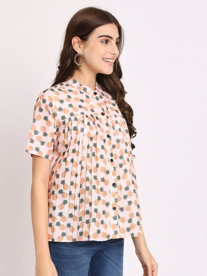 Conversational Printed Mandarin Collar Pleated Shirt Style Top