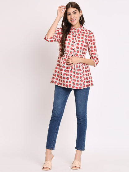 Conversational Printed Mandarin Collar Gathered Regular Top