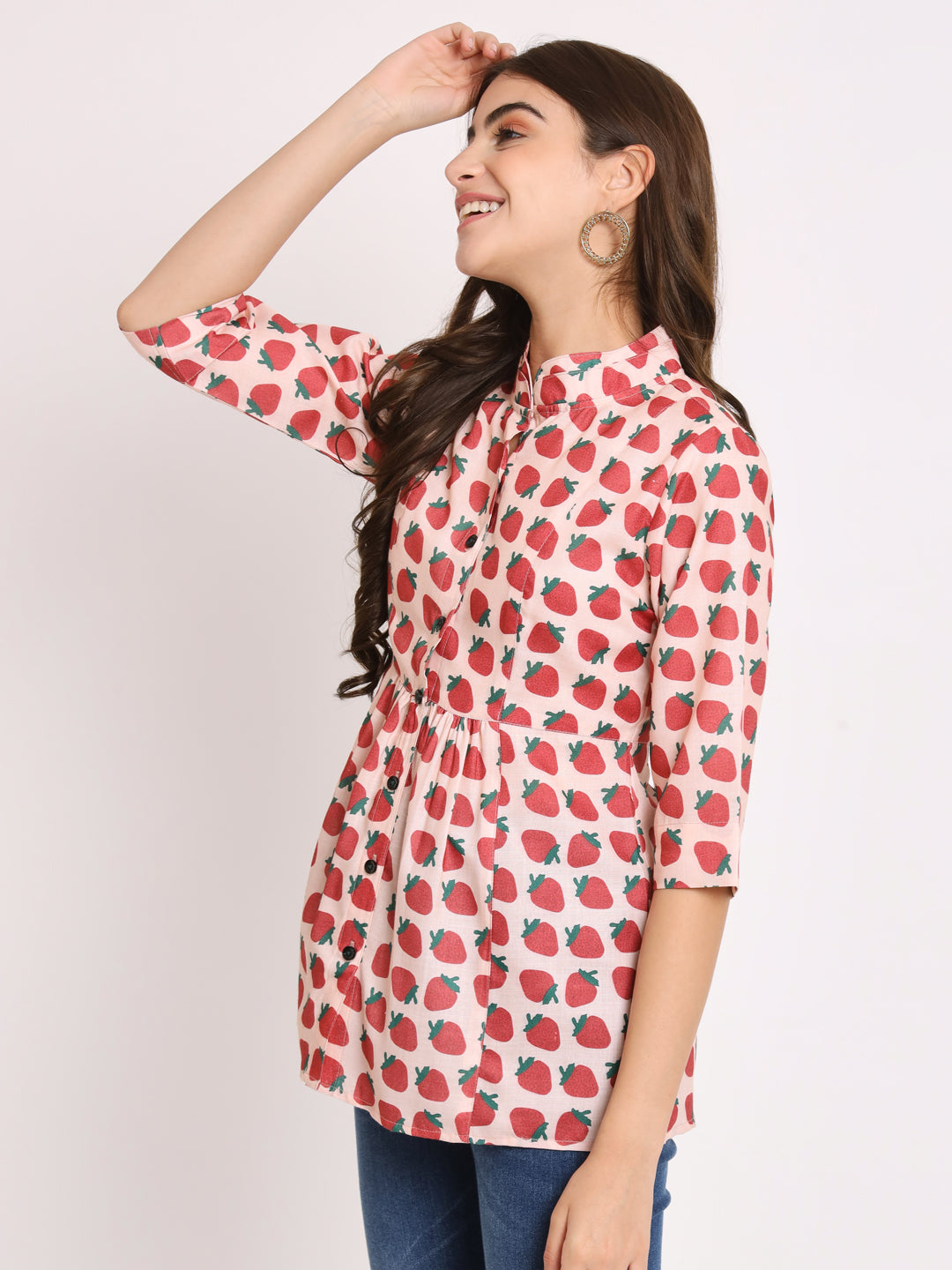 Conversational Printed Mandarin Collar Gathered Regular Top