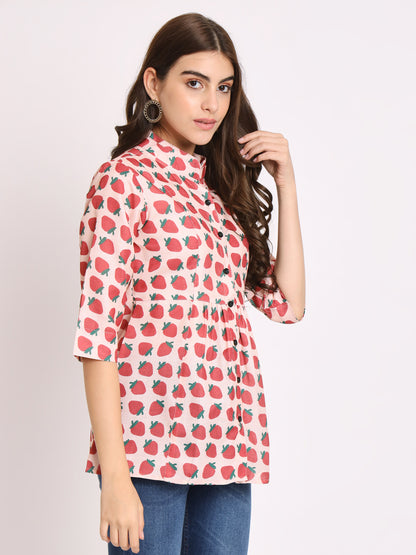 Conversational Printed Mandarin Collar Gathered Regular Top