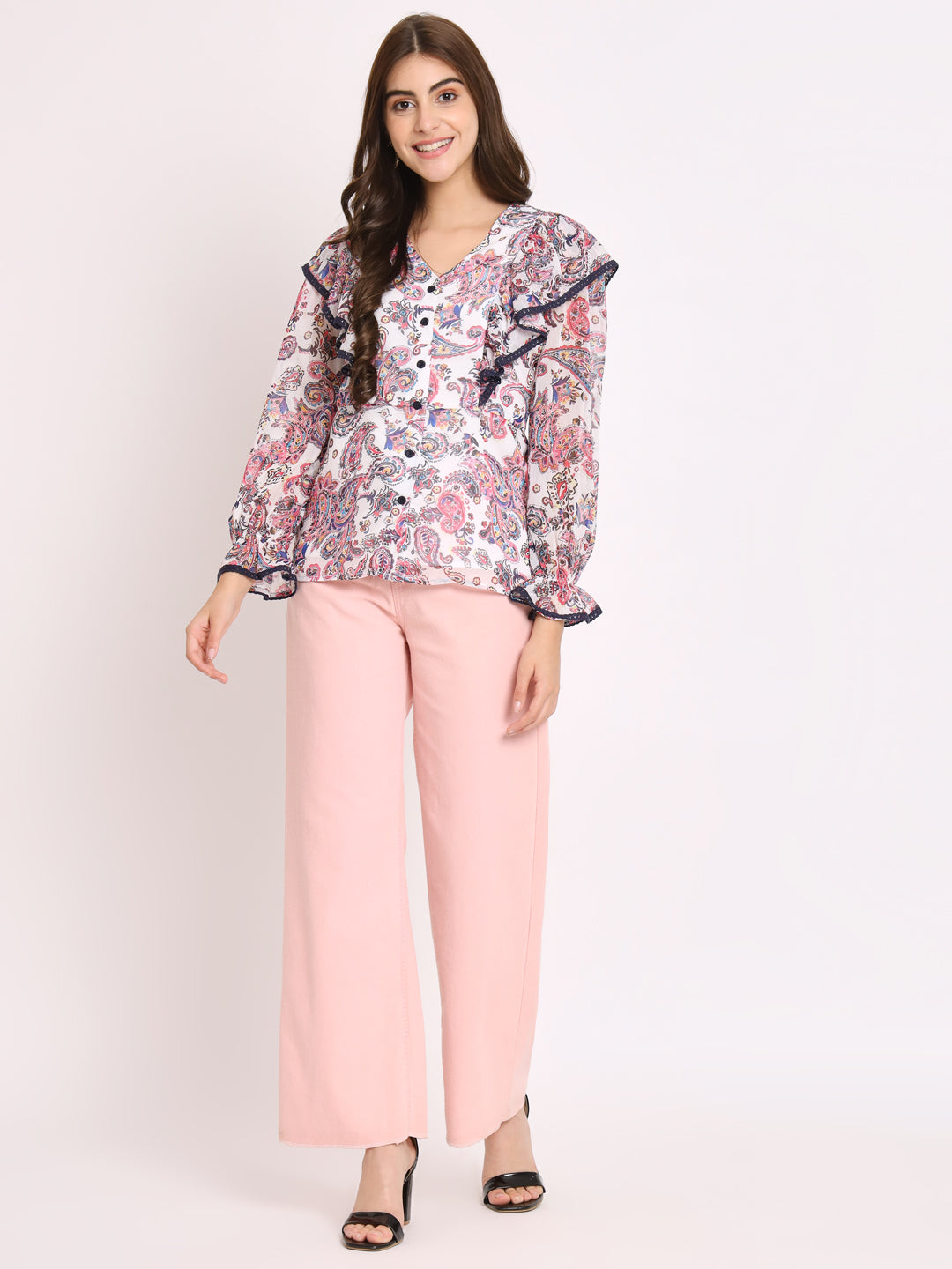 Women's Ethnic Motifs Printed V-Neck Shirt Style Top