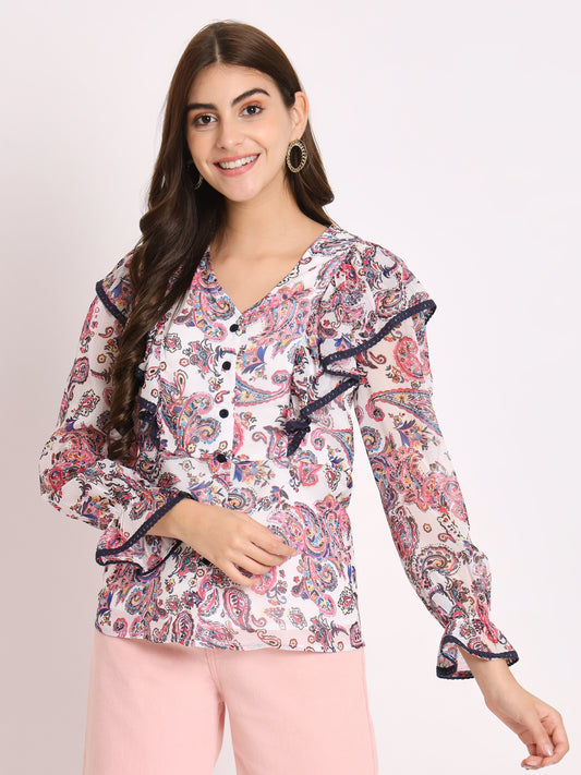 Women's Ethnic Motifs Printed V-Neck Shirt Style Top