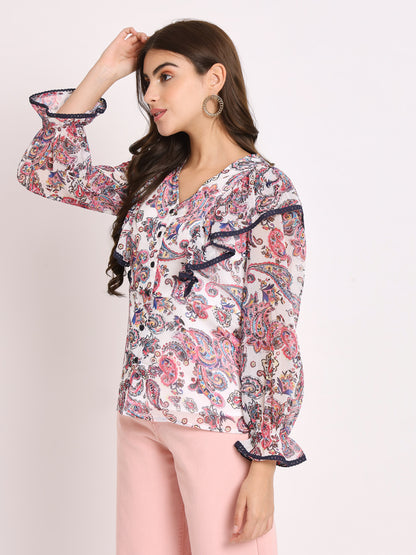 Women's Ethnic Motifs Printed V-Neck Shirt Style Top