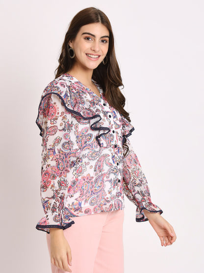 Women's Ethnic Motifs Printed V-Neck Shirt Style Top