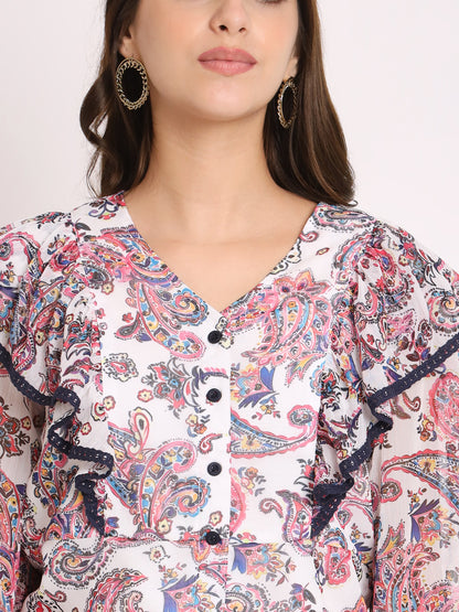 Women's Ethnic Motifs Printed V-Neck Shirt Style Top