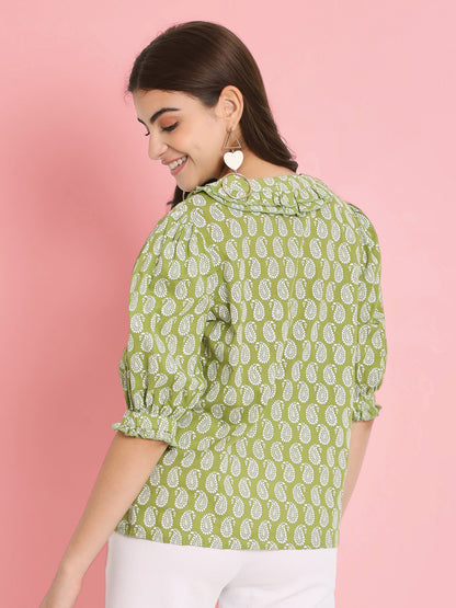 Green Floral Print Puff Sleeve Cotton Top