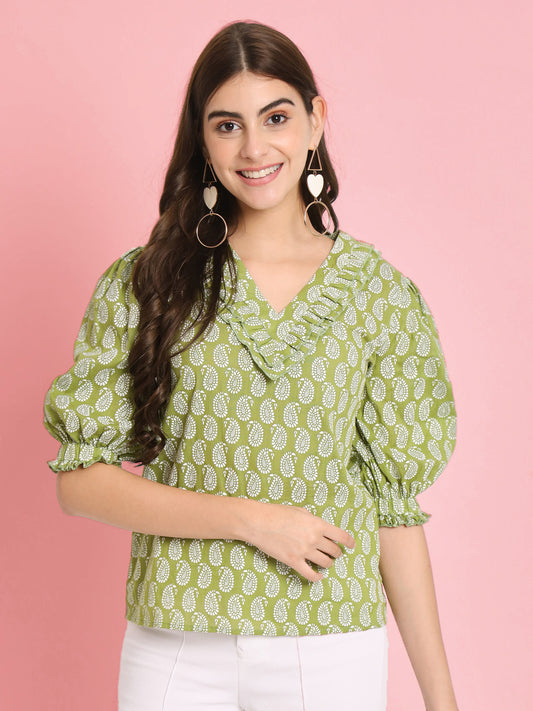 Green Floral Print Puff Sleeve Cotton Top