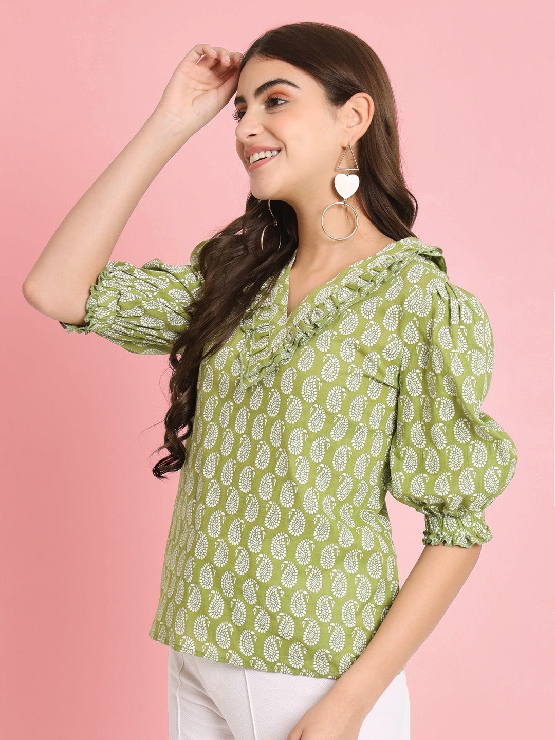 Green Floral Print Puff Sleeve Cotton Top