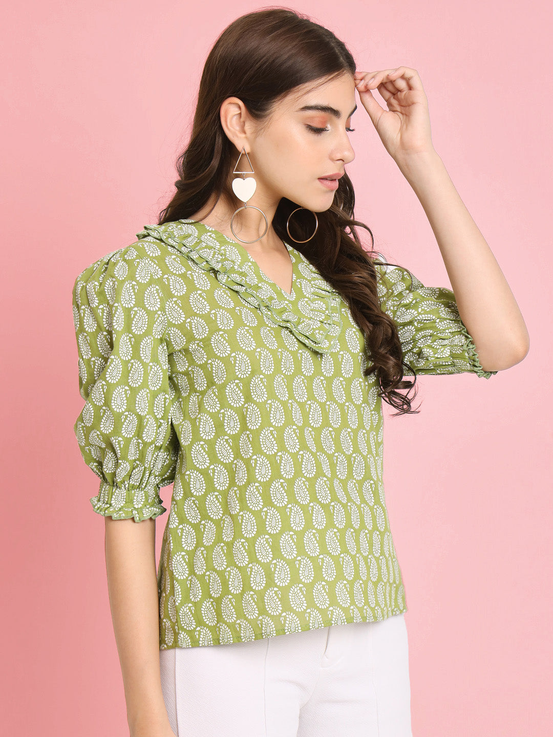 Green Floral Print Puff Sleeve Cotton Top