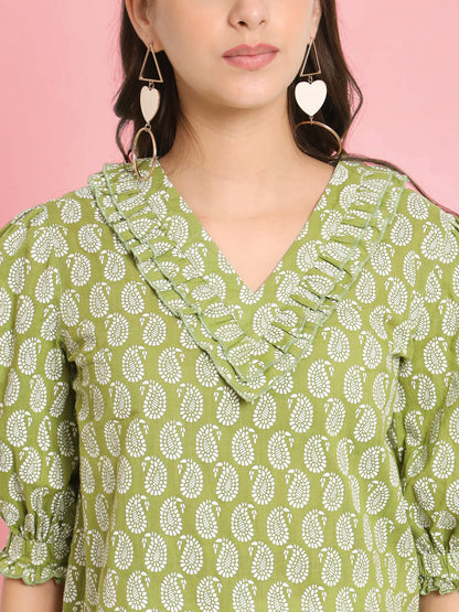 Green Floral Print Puff Sleeve Cotton Top