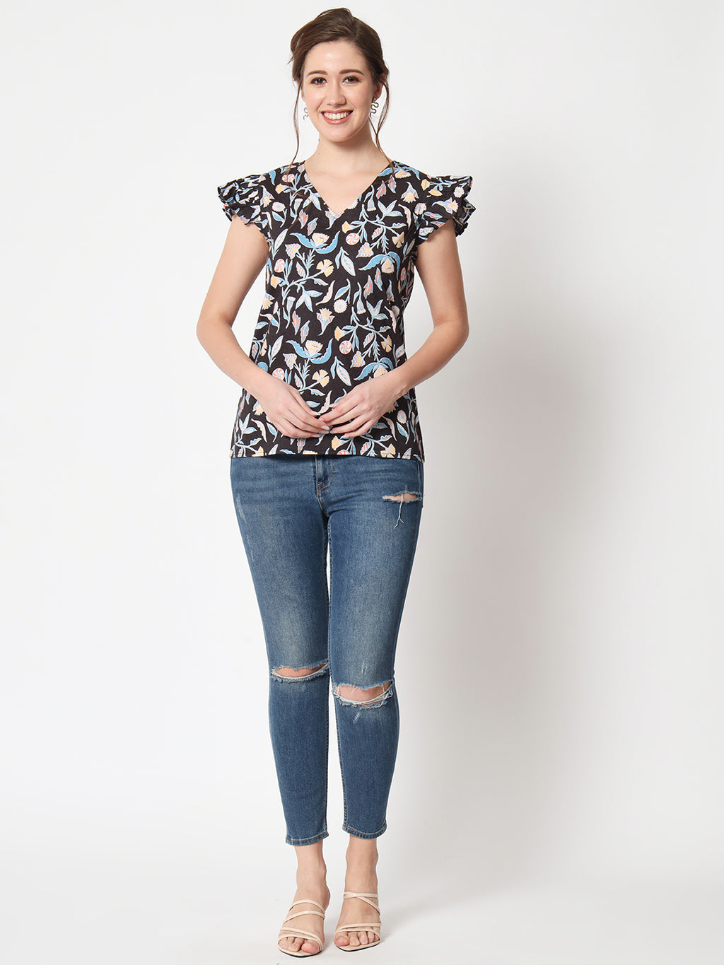 V-Neck Flutter Sleeves Floral Printed Top