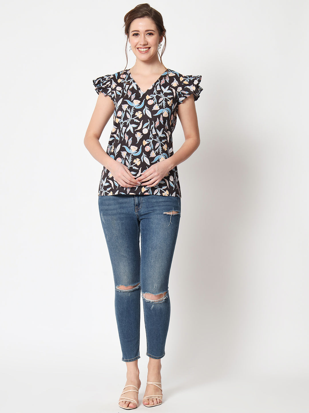 V-Neck Flutter Sleeves Floral Printed Top