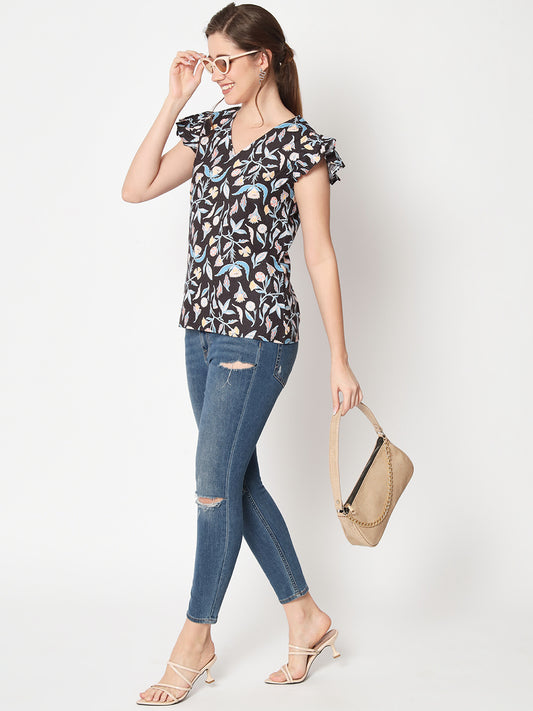 V-Neck Flutter Sleeves Floral Printed Top