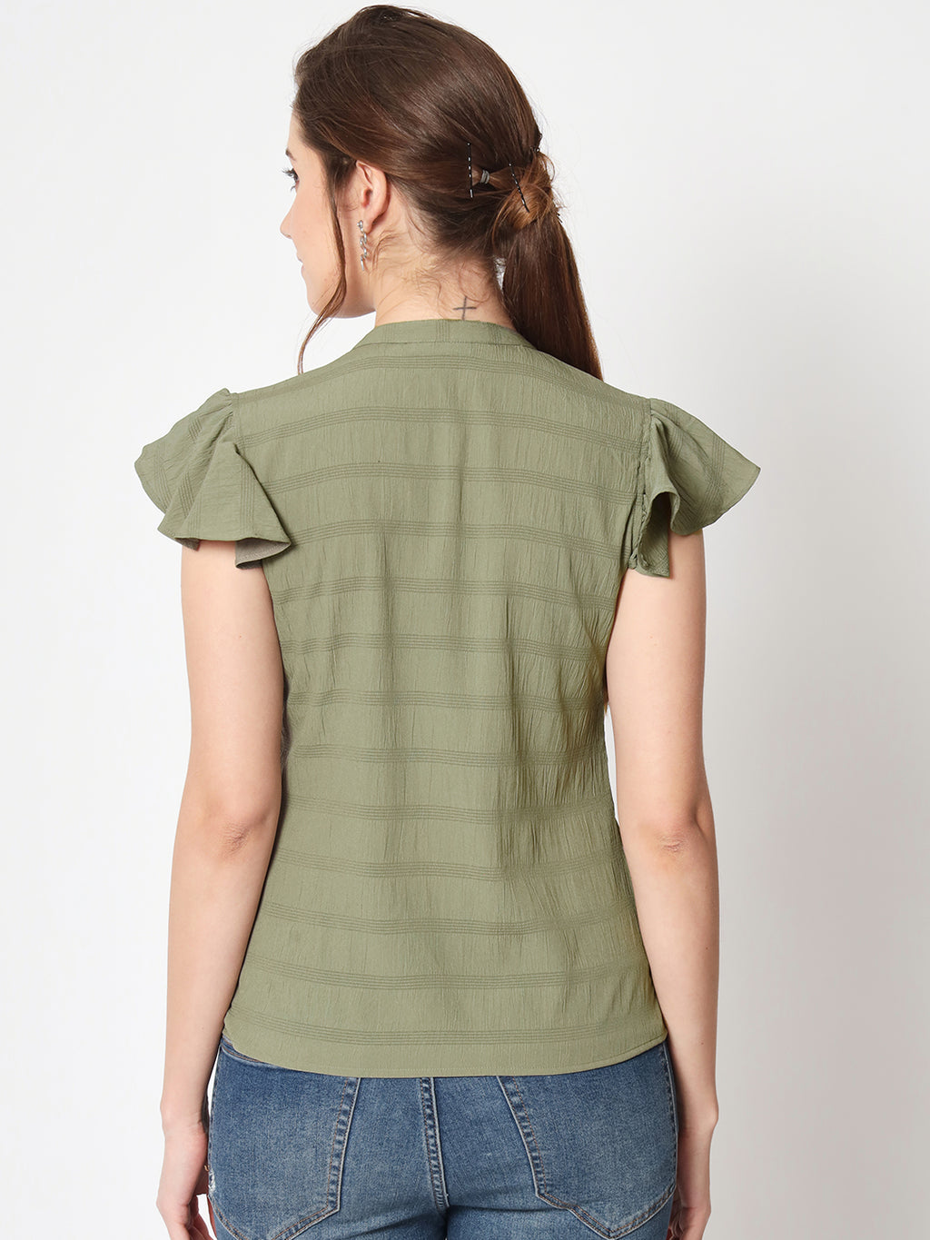 Horizontal Striped Flutter Sleeves Ruffled Shirt Style Top
