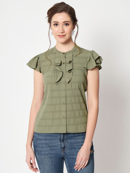 Horizontal Striped Flutter Sleeves Ruffled Shirt Style Top