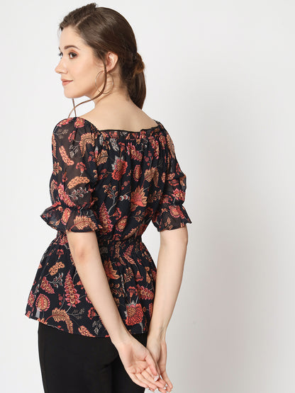 Floral Printed Square Neck Puff Sleeve Peplum Top