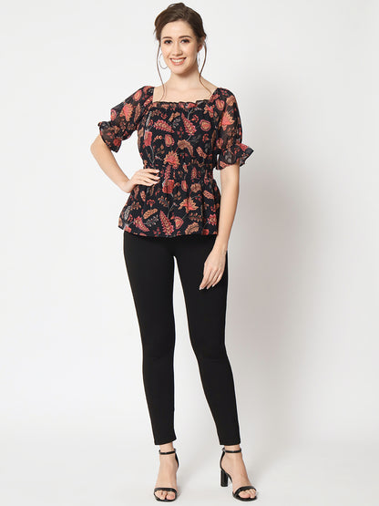 Floral Printed Square Neck Puff Sleeve Peplum Top