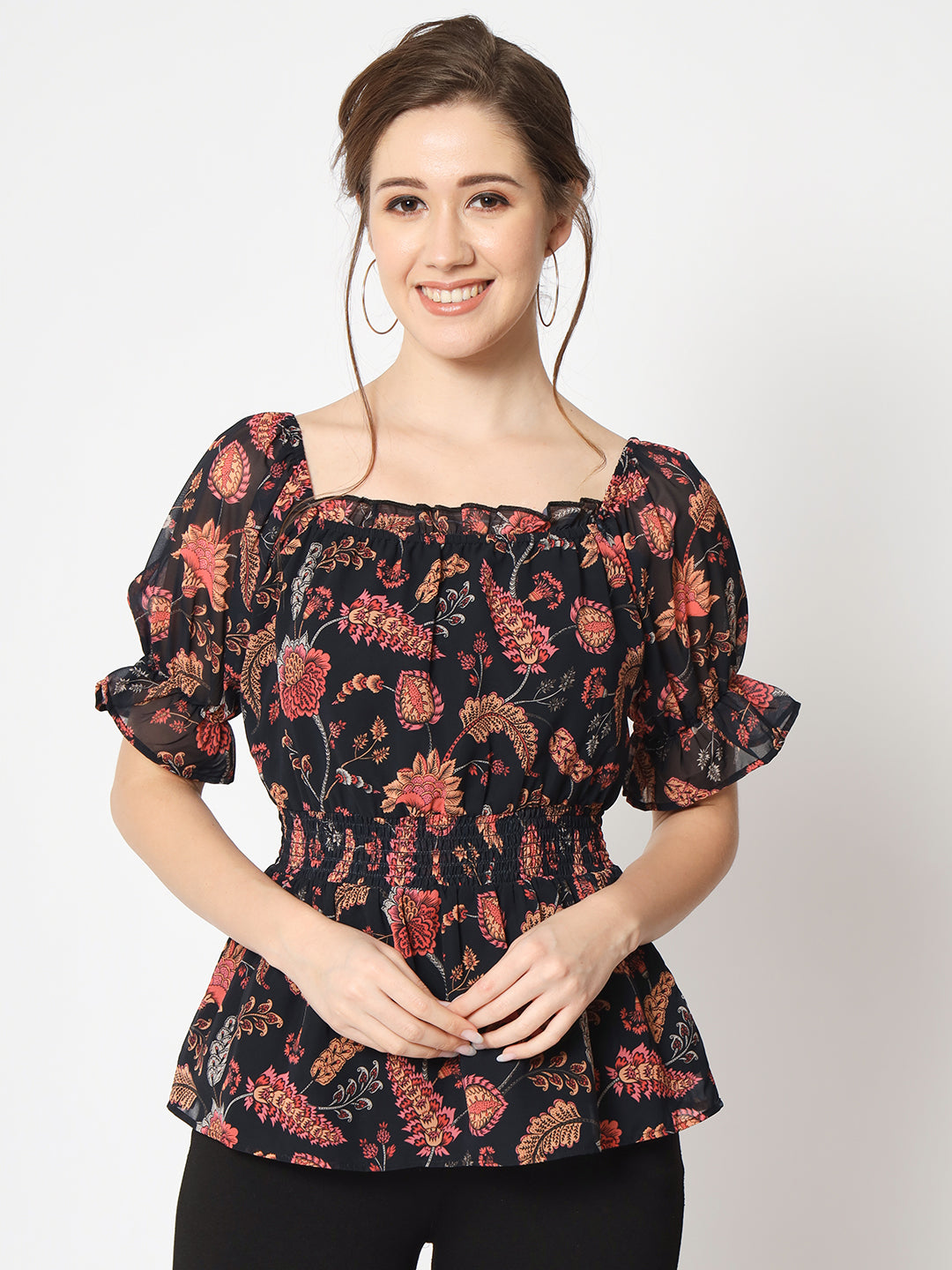 Floral Printed Square Neck Puff Sleeve Peplum Top