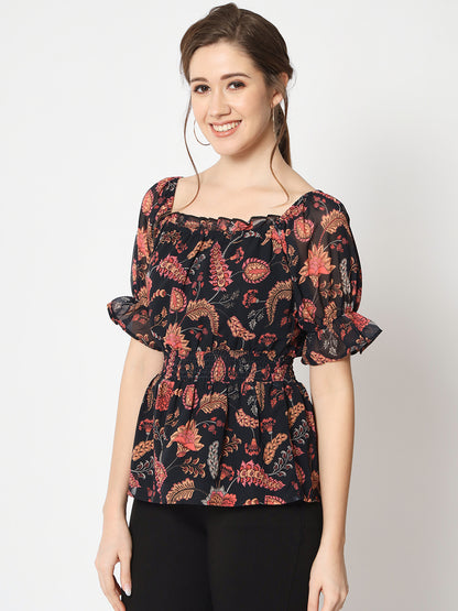 Floral Printed Square Neck Puff Sleeve Peplum Top