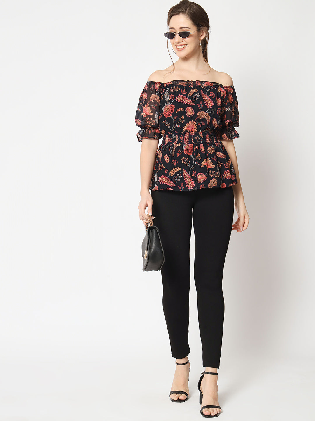 Floral Printed Square Neck Puff Sleeve Peplum Top